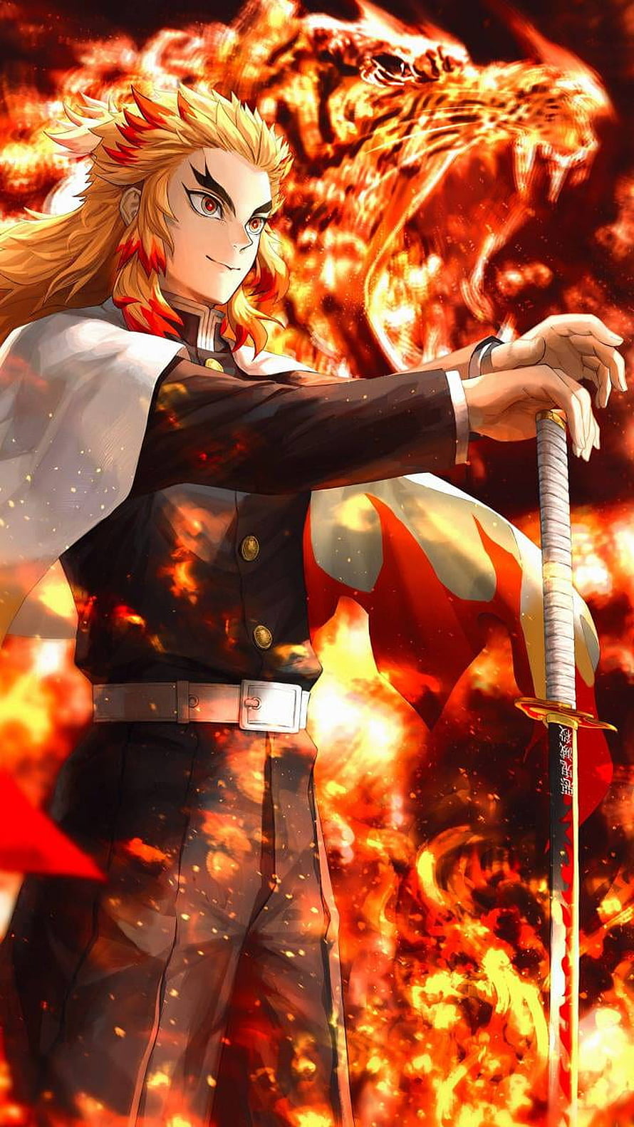 Kyojuro Rengoku from Demon Slayer Anime Holding Nichirin Sword with Flame Breathing Tiger Spirit HD phone wallpaper