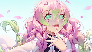 Mitsuri Kanroji from Demon Slayer with pink braided hair and green eyes in a soft pastel anime illustration HD wallpaper