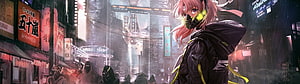 Pink-Haired Anime Girl in Cyberpunk City with Gas Mask and Hooded Jacket HD wallpaper