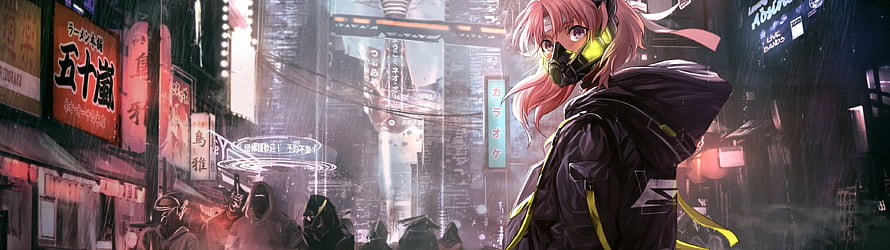 Pink-Haired Anime Girl in Cyberpunk City with Gas Mask and Hooded Jacket HD wallpaper