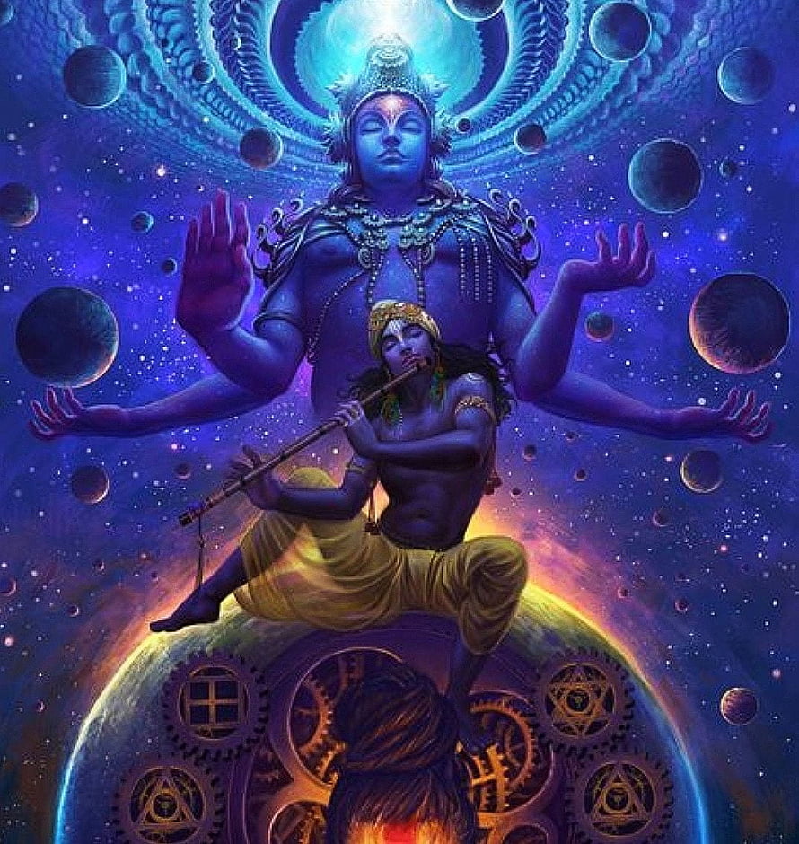 Cosmic Krishna Playing Flute on Planet with Vishnu Avatar in Space HD phone wallpaper
