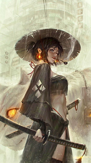 Anime Samurai Girl with Katana and Straw Hat in Rainy Atmosphere HD phone wallpaper