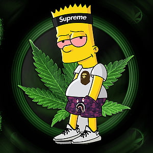 Homer Simpson wearing Supreme headband and BAPE streetwear with marijuana leaves background HD phone wallpaper