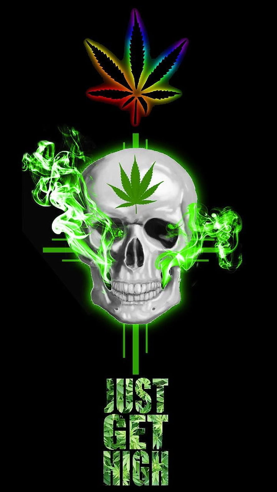Glowing Skull with Cannabis Leaf and Green Smoke on Black Background HD phone wallpaper
