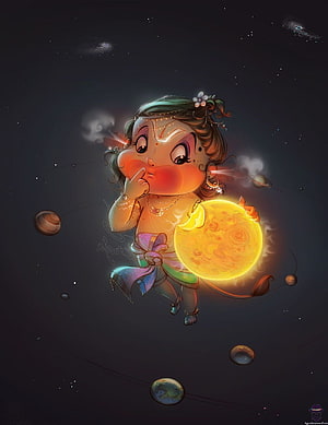Cute Baby Hanuman Holding a Glowing Sun in a Cosmic Space Setting, Bal Hanuman eating the Sun, little hanuman HD phone wallpaper