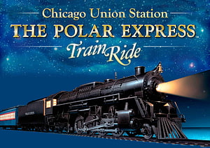 The Polar Express Train Ride at Chicago Union Station promotional poster featuring a steam locomotive HD wallpaper