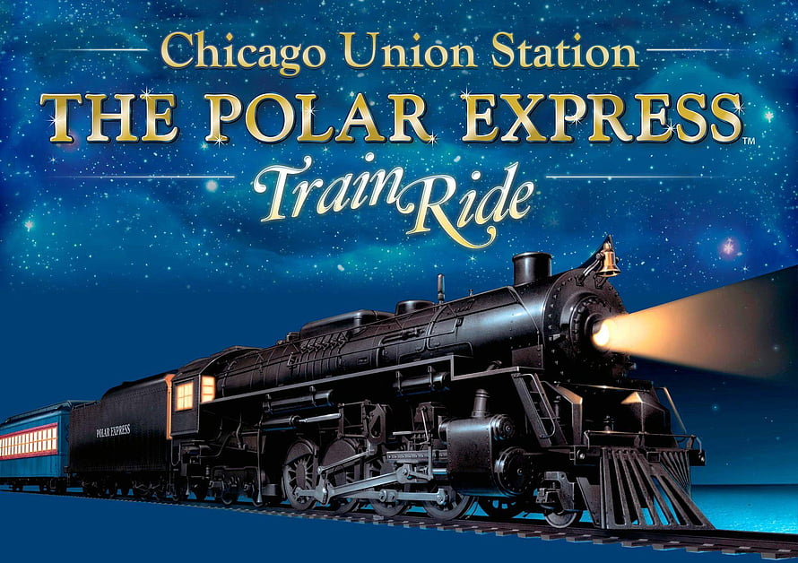 The Polar Express Train Ride at Chicago Union Station promotional poster featuring a steam locomotive HD wallpaper