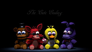 Five Nights at Freddy's animatronic characters sitting together in a dark scene HD wallpaper