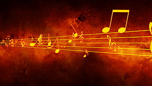 Glowing golden musical notes and staff lines flowing across a fiery orange nebula background HD wallpaper