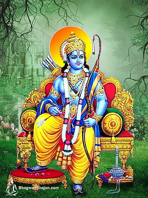 Lord Rama Sitting on Golden Throne with Bow and Arrow in Divine Forest Setting HD phone wallpaper