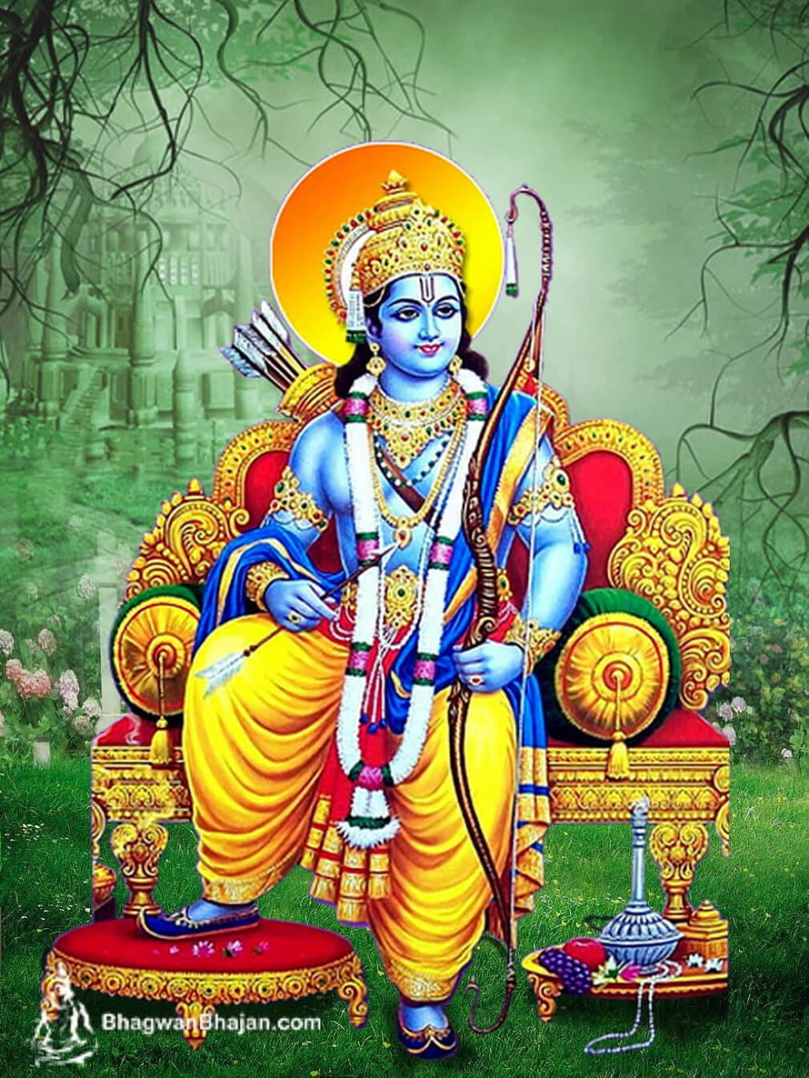 Lord Rama Sitting on Golden Throne with Bow and Arrow in Divine Forest Setting HD phone wallpaper