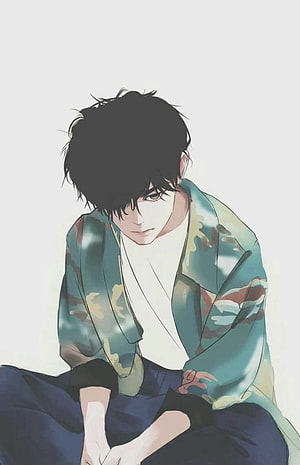 Korean Anime Boy in Camouflage Jacket Sitting with Melancholic Expression HD phone wallpaper