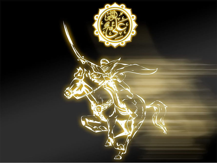 Golden Glowing Knight on Horseback with Sword and Arabic Calligraphy Emblem HD wallpaper