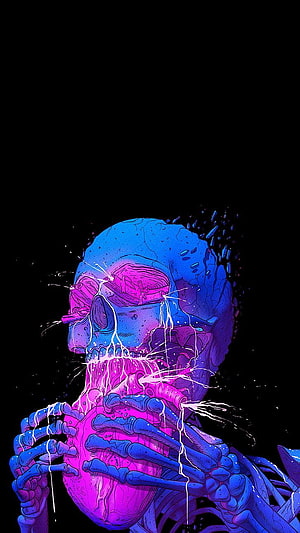 Neon Blue and Pink Skeleton Holding Glowing Heart Digital Art HD phone wallpaper