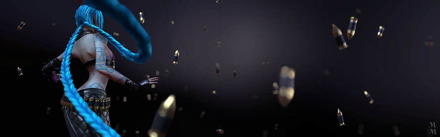 Jinx from Arcane with blue braids and floating bullets in a dark cinematic scene HD wallpaper