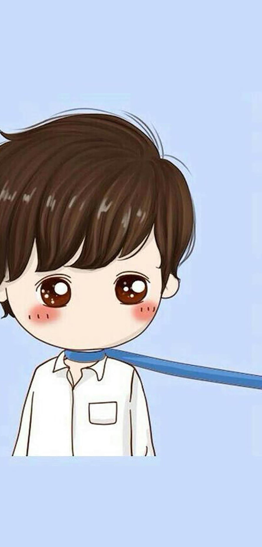 Cute Chibi Boy with Brown Hair and Blue Scarf on Light Blue Background HD phone wallpaper