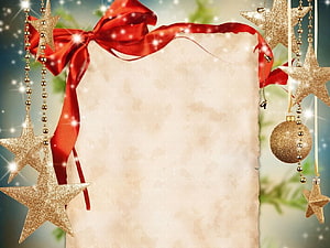 Festive Christmas Card Frame With Red Ribbon, Glitter Stars, and Ornament HD wallpaper