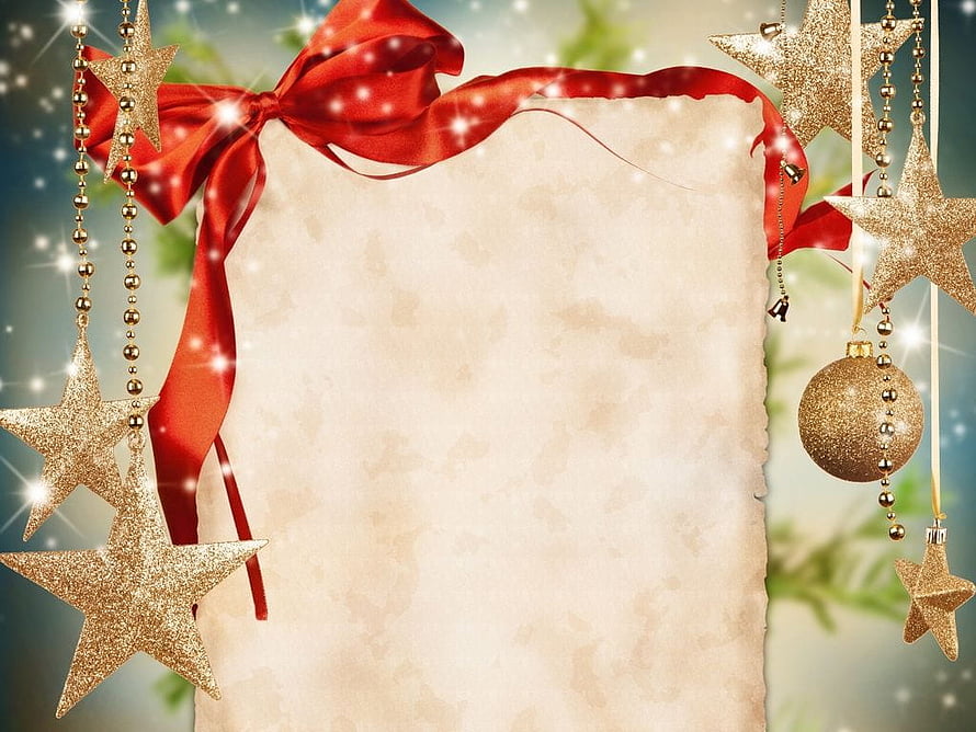Festive Christmas Card Frame With Red Ribbon, Glitter Stars, and Ornament HD wallpaper