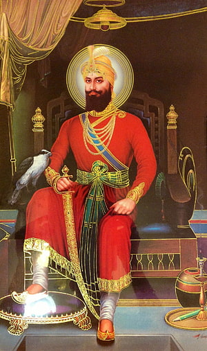 Guru Gobind Singh Portrait in Royal Red Attire with Sword and Falcon HD phone wallpaper