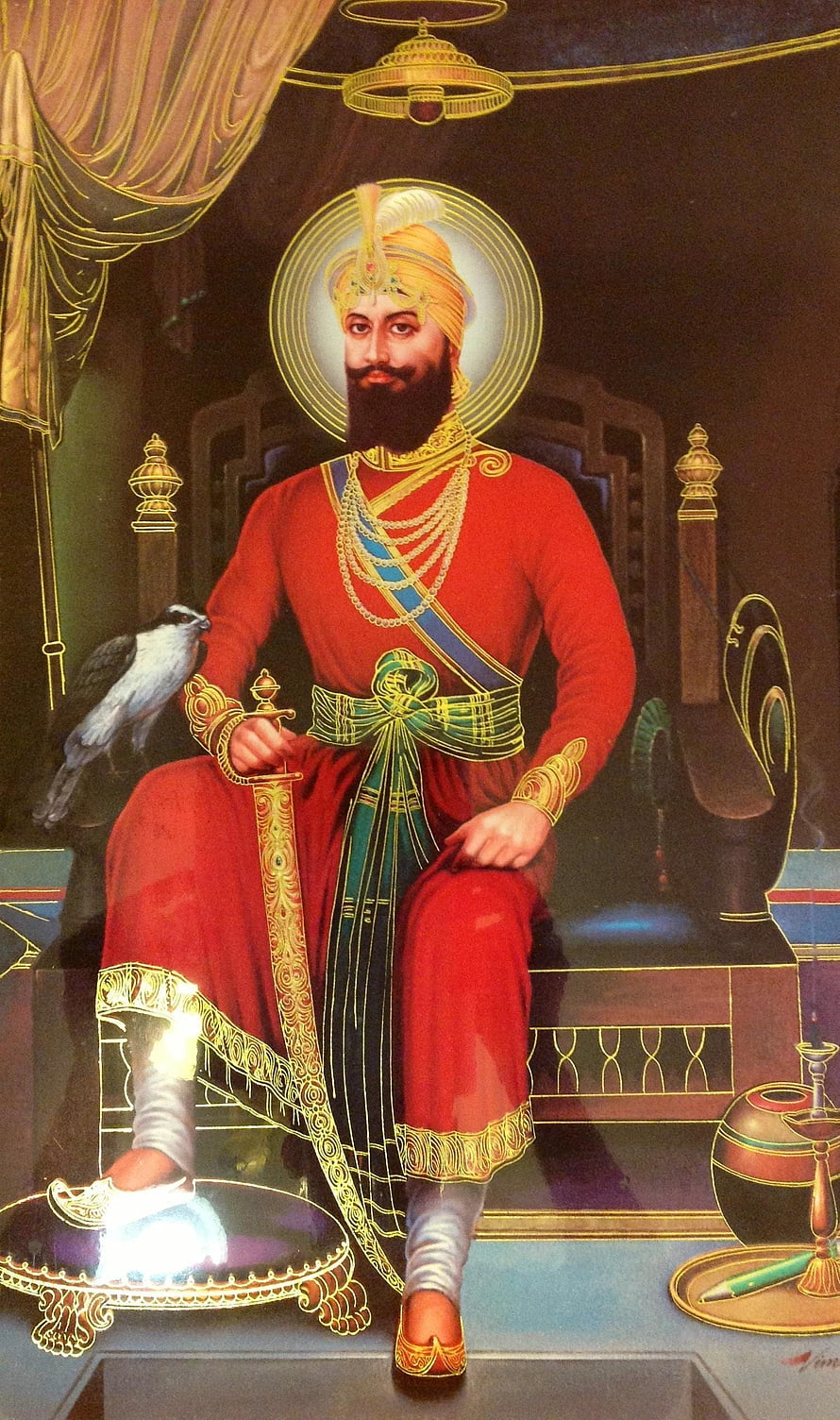 Guru Gobind Singh Portrait in Royal Red Attire with Sword and Falcon HD phone wallpaper
