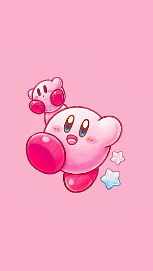 Cute Kirby and Mini Kirby Floating with Stars on a Soft Pink Background HD phone wallpaper