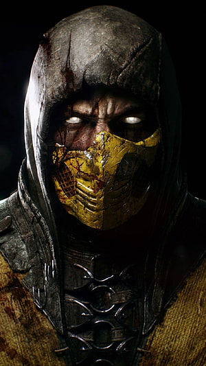 Scorpion from Mortal Kombat 11 in Golden Mask and Hooded Armor HD phone wallpaper