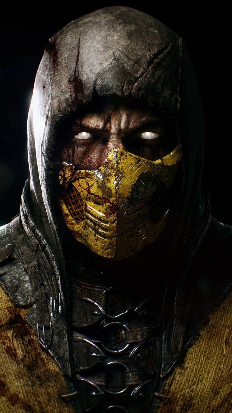 Scorpion from Mortal Kombat 11 in Golden Mask and Hooded Armor HD phone wallpaper