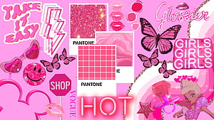 Glossier Aesthetic Pink Collage with Butterflies, Pantone Swatches, and Barbie HD wallpaper