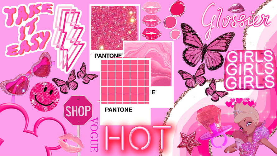 Glossier Aesthetic Pink Collage with Butterflies, Pantone Swatches, and Barbie HD wallpaper