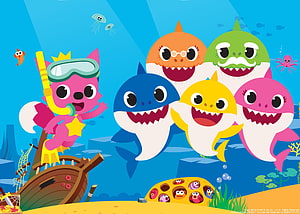 Baby Shark Family and Pink Fox Diver in Underwater Cartoon Scene HD wallpaper