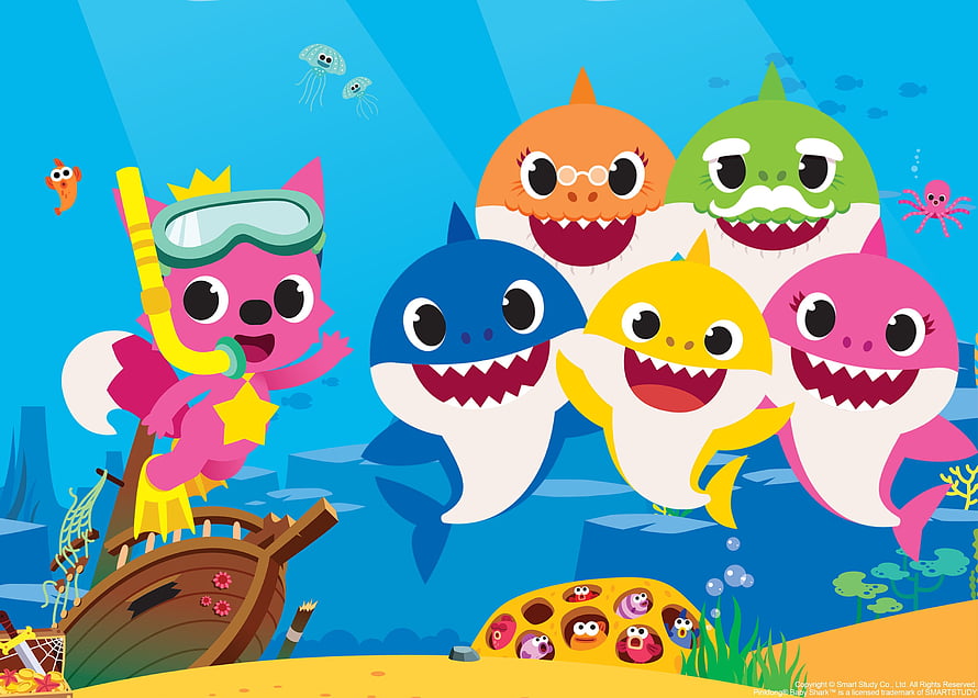 Baby Shark Family and Pink Fox Diver in Underwater Cartoon Scene HD wallpaper
