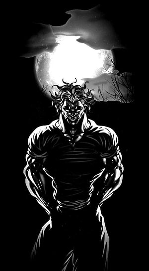 Black and White Illustration of a Muscular Man with Wild Hair Under a Full Moon, Yujiro Hanma Discover more Anime, Baki the Grappler, Grappler Baki, Manga, Yujiro w…, martial art anime HD phone wallpaper