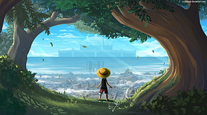 Luffy Looking at Marineford Ruins Through Forest Trees HD wallpaper