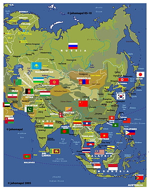 Detailed Political Map of Asia Featuring National Flags and Major Cities HD phone wallpaper