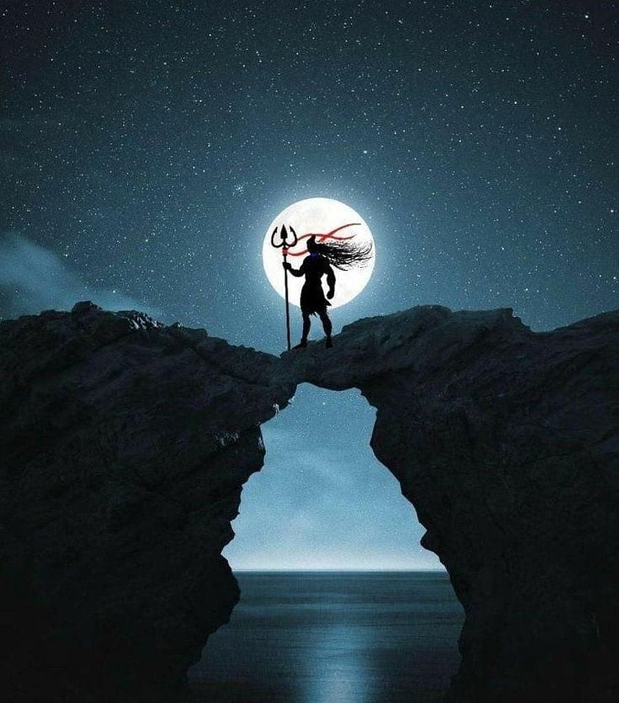 Silhouette of Warrior with Trident Standing on Cliff Edge Under Full Moon HD phone wallpaper