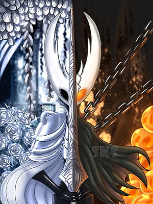 Hollow Knight Pure Vessel Split Portrait with White and Dark Wings HD phone wallpaper