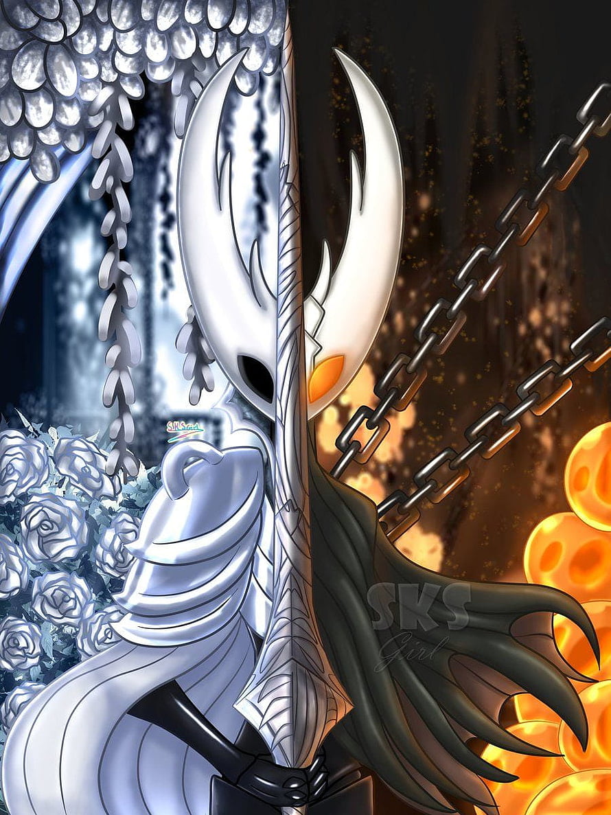 Hollow Knight Pure Vessel Split Portrait with White and Dark Wings HD phone wallpaper