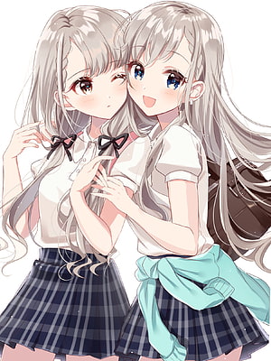 Two Anime Girls in School Uniforms Embracing with Soft Silver Hair and Plaid Skirts HD phone wallpaper