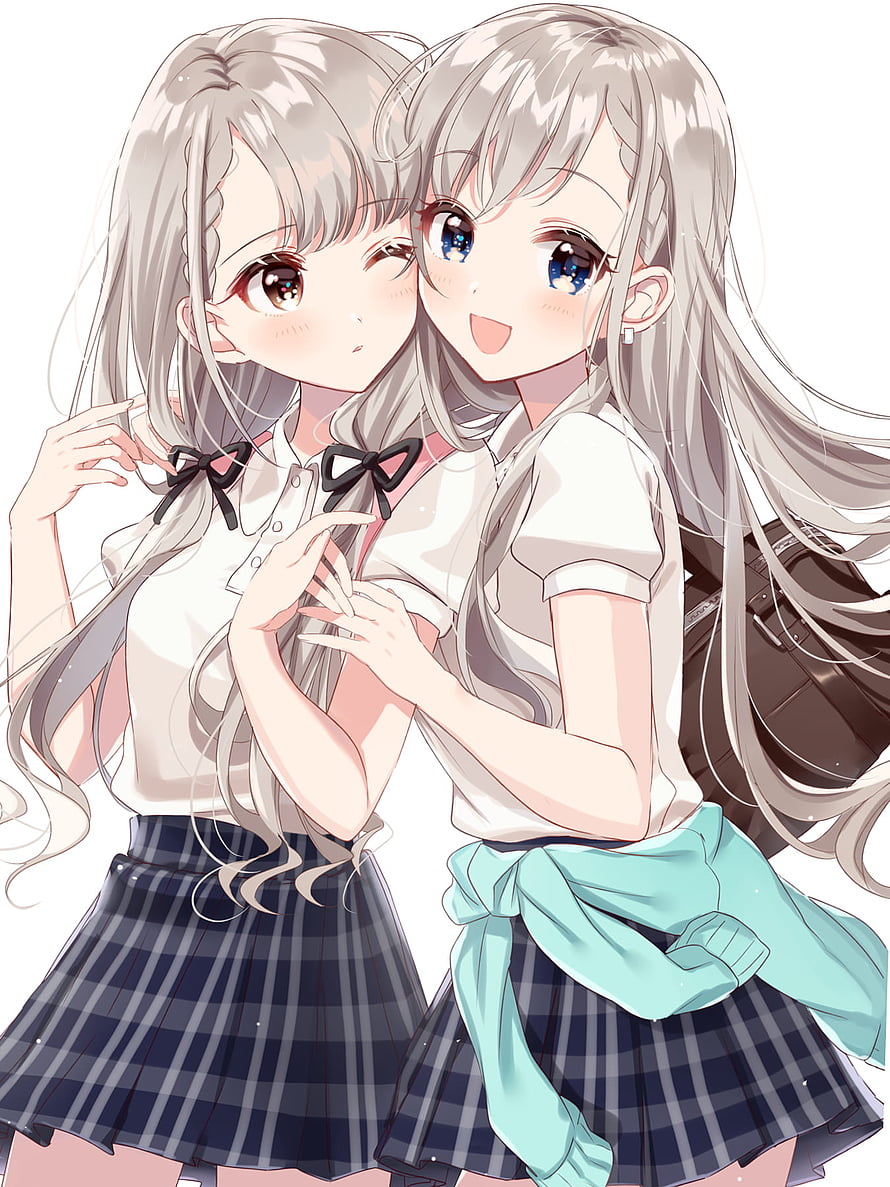 Two Anime Girls in School Uniforms Embracing with Soft Silver Hair and Plaid Skirts HD phone wallpaper