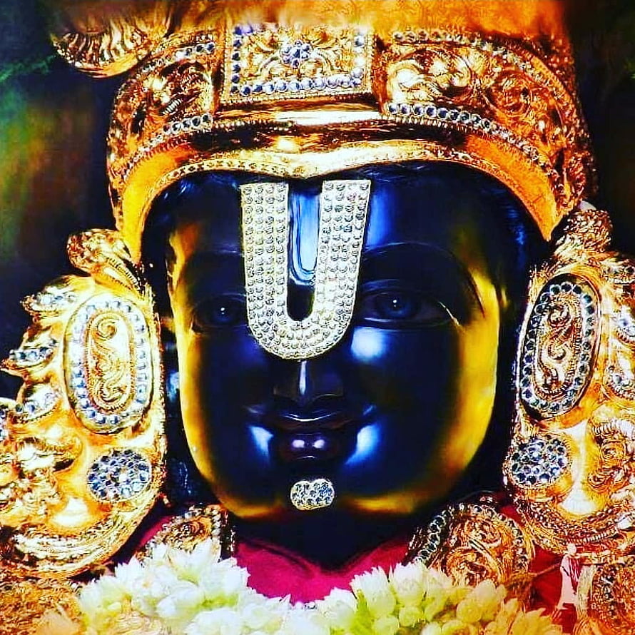 Close-up Portrait of Lord Krishna Statue with Blue Skin and Golden Crown HD phone wallpaper