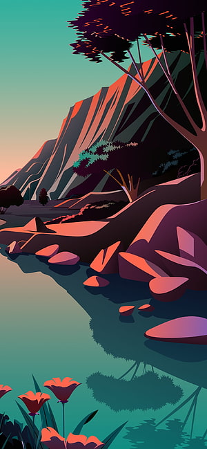 Stylized Vector Illustration of a Serene River Valley with Mountains and Sunset Colors HD phone wallpaper