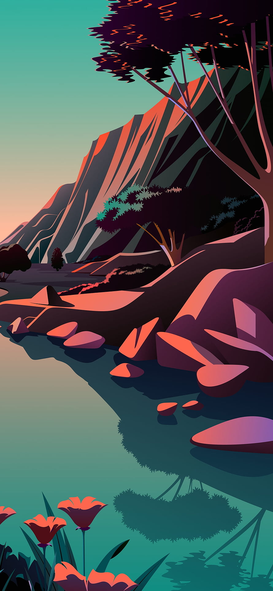 Stylized Vector Illustration of a Serene River Valley with Mountains and Sunset Colors HD phone wallpaper