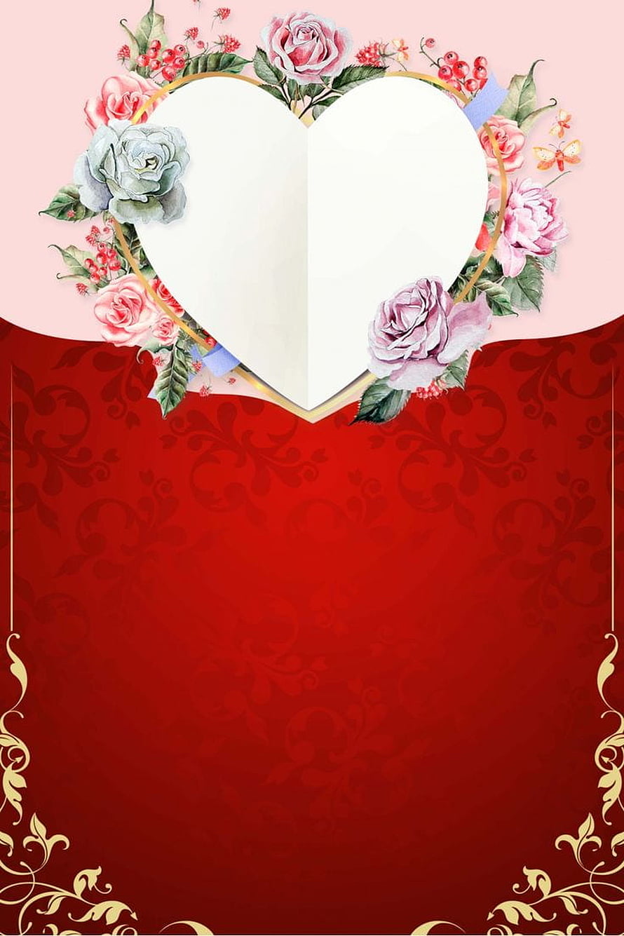 Romantic Floral Heart Frame on Red Damask Background for Wedding Invitations HD phone wallpaper