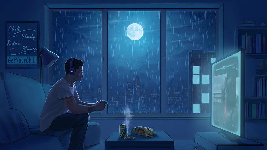 Man Playing Video Games on Couch in Rainy Night Room with Moonlight, Create lofi hip hop animations by Sandrotsk, chill anime lofi HD wallpaper