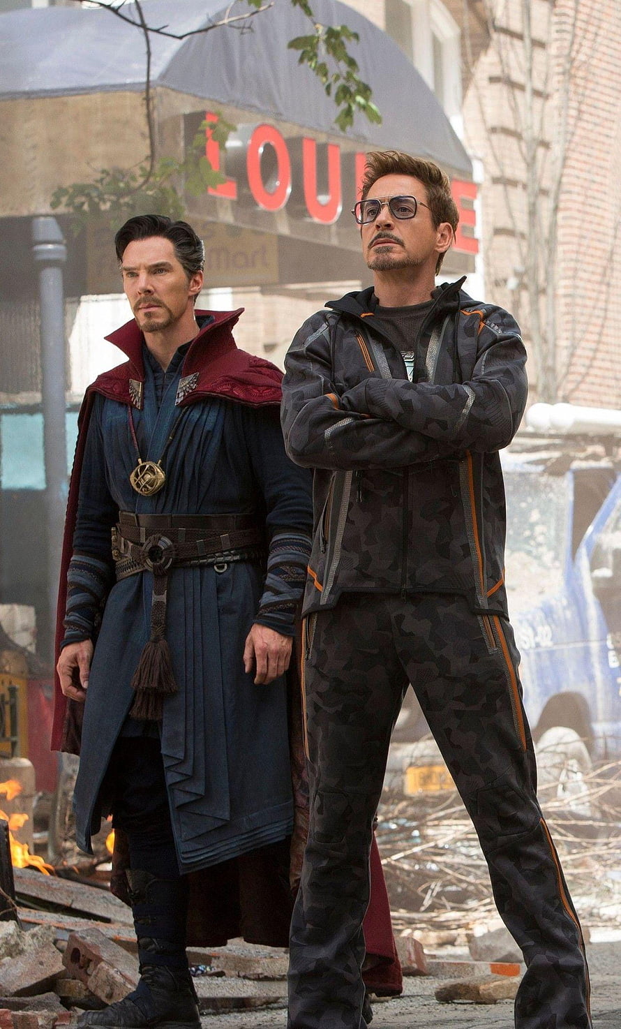 Doctor Strange and Iron Man Standing in Ruined Street from Avengers Infinity War, 1280x2120 Tony Stark Doctor Strange Wong And Bruce Banner In, tony stark infinity war HD phone wallpaper