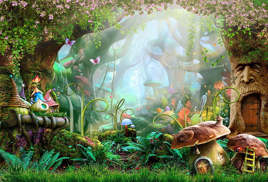 Enchanted Fairy Tale Forest with Mushroom Houses and Tree Faces HD wallpaper