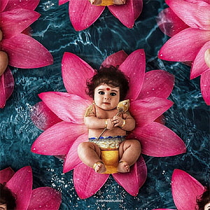 Baby Murugan Seated on Pink Lotus in Water with Traditional Gold Jewelry and Sacred Mark HD phone wallpaper
