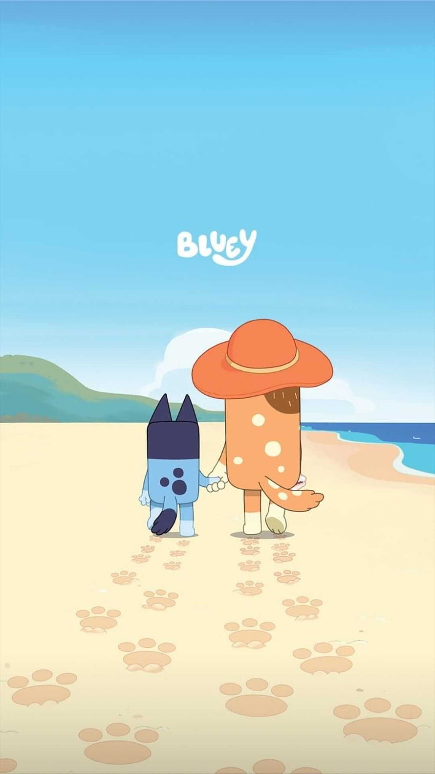 Bluey and Bingo Walking Hand in Hand on a Sunny Beach with Paw Prints in the Sand HD phone wallpaper
