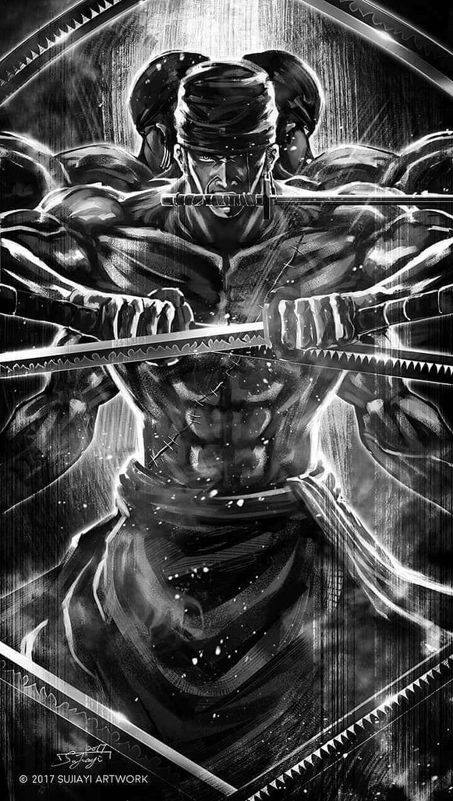 Roronoa Zoro Asura Form Black and White Manga Illustration HD phone wallpaper