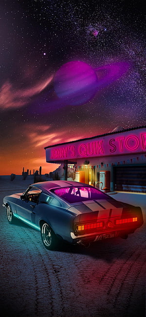 Classic Muscle Car at Retro Gas Station Under Alien Planet Sky HD phone wallpaper